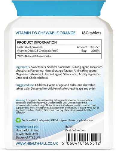 Kids Vitamin D3 600iu Chewable 180 Tablets. Sugar Free. Natural Orange Flavour. Made by Health4All Kids