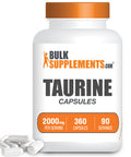 BulkSupplements Taurine Capsules - Taurine Supplement, Amino Supplement - 4 Taurine 500mg Capsules (2000mg), Taurine Pills - 90-Day Supply (360 Capsules)
