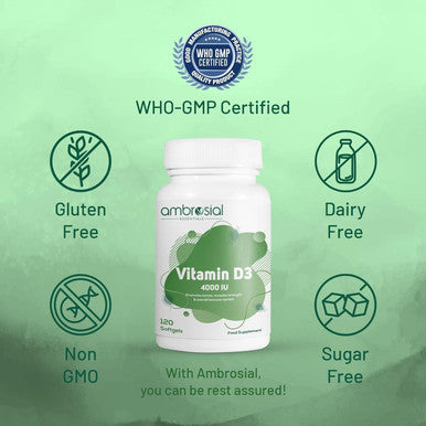 Ambrosial Ambrosial Vitamin D3 4000 IU (100 mcg) |Vitamin D Tablets for Healthy Bones and Teeth | Vitamin D 4000iu Supports Immunity and Muscle Function | Gluten (Pack of 1-120 Softgels)