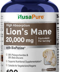 Nusapure Lions Mane 20:1 Extract (20000 Mg Equivalent) - Made With Organic Lion`S Mane Bioperine - 30% Polysaccharides - 120 Veggie Caps. Non-Gmo Gluten Free