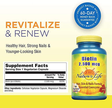 Nature's Life Biotin 2500mcg | Healthy Hair Skin Nail & Metabolism Support | Non-GMO | 200 Vegetable Capsules