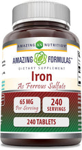Amazing Nutrition Formulas Iron as Ferrous Sulfate Supplement | 65 Mg | 240 Tablets | Non-GMO | Gluten | Made in USA