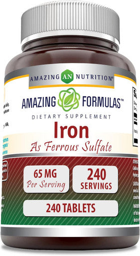 Amazing Nutrition Formulas Iron as Ferrous Sulfate Supplement | 65 Mg | 240 Tablets | Non-GMO | Gluten | Made in USA