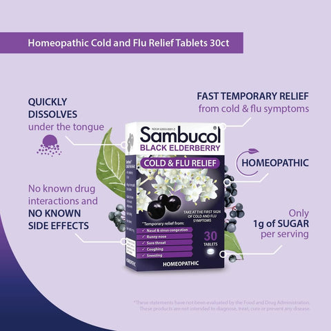 Sambucol Cold And Flu Relief Tablets - Homeopathic Cold Medicine Nasal & Sinus Congestion Relief Use For Runny Nose Coughing Cold Remedy For Adults - Black Elderberry 30 Count 2-Pack