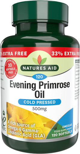 Natures Aid Evening Primrose Oil 500 mg 120 Softgels (Pure Cold Pressed Evening Primrose Oil Omega-6 Gamma Linolenic Acid Made in the UK)