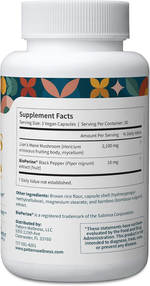Pattern Wellness LionS Mane Mushroom Supplement Capsules For Cognitive & Focus Support Enhanced Absorption 90 Vegan Capsules