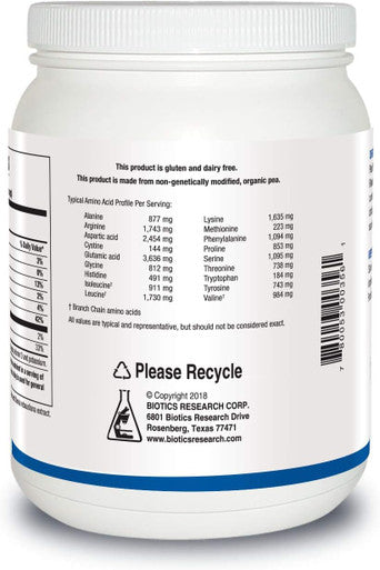 Biotics Research Pea Protein Isolate Natural Vanilla Flavored. Mixes Easily with Water or Juice. Premium Pea Protein. 25 gram Clean Protein per Serving 16 Ounces