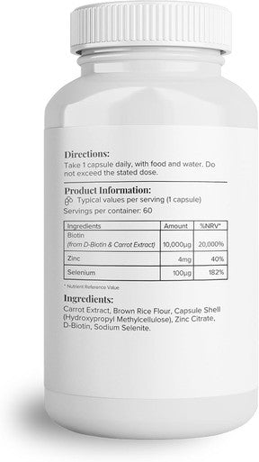 Hey Nutrition Biotin Complex Supplement - Biotin Selenium and Zinc - Supports Hair Nails & Skin - Promotes Immune Health - No Artificial Flavours Non-GMO & Dairy- - 60 Vegan Capsules