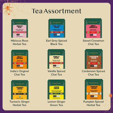 Vahdam Limited Edition Halloween Tea Basket | 9 Premium Variety Pyramid Tea Bags | Halloween s for Women Men and Adults I Tea Set