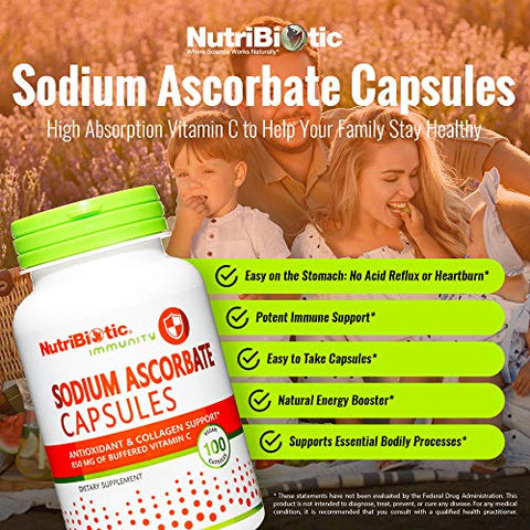 NutriBiotic Sodium Ascorbate Buffered Vitamin C Capsules Vegan NonAcidic and Easier on Digestion Than Ascorbic Acid Essential Immune Support and Antioxidant Supplement Gluten and GMO 100 Ct