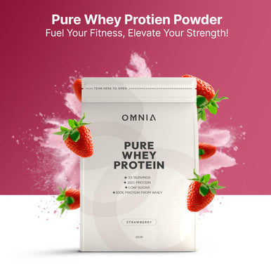OMNIA Pure Whey Protein Powder Nutrition Low Carbs and Low Sugar Muscle Building Powder Over 22G Protein Per Serving - 33 Servings - 1 KG - Strawberry