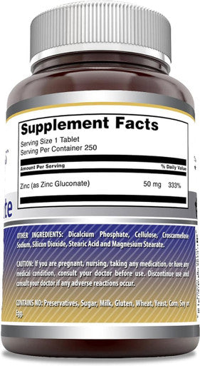 Amazing Nutrition Formulas Zinc Gluconate Supplement | 50 Mg Per Serving | Tablets | Non-GMO | Gluten- | Made in USA (250 Count) | Pack of 2