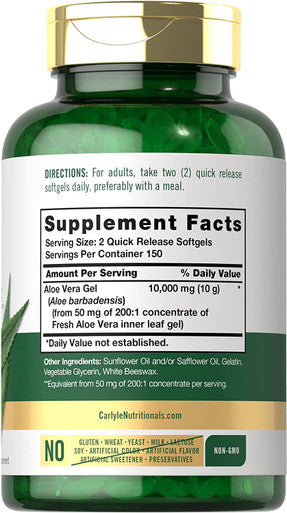 Carlyle Aloe Vera Capsules 10,000 mg | 300 Softgel Pills | Aloe Vera Gel Supplement | Non-GMO, Gluten Free