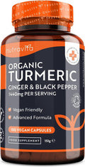 Organic Turmeric 1440Mg (High Strength) With Black Pepper & Ginger - 180 Vegan Turmeric Capsules (3 Month Supply) Organic Turmeric With Active Ingredient Curcumin - Made In The Uk By Nutravita