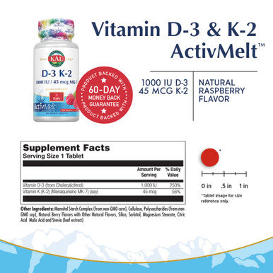 Kal 1000 Iu D-3 & K2 Tablets, Raspberry, 60 Count (Pack of 1)