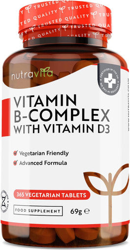 Vitamin B Complex High Potency - 1 Full Year Supply - 8 Vitamins B1-B2-B3-B5-B6-B12, Biotin, Folic Acid & Vit D3 In 1 High Strength Micro Tablet - Reduction Of Tiredness - Made In The Uk By Nutravita