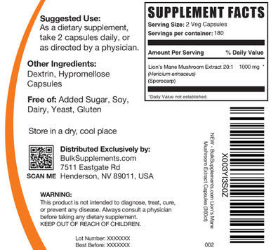 Bulksupplements.Com Lion'S Mane Mushroom Capsules - Lions Mane Supplement Capsules, Lion'S Mane Capsules - Lion'S Mane Extract, 2 Capsules Per Serving, 360 Veg Capsules (Pack Of 1)