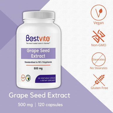 Grape Seed Extract 500mg (120 Vegetarian Capsules) - No Stearates - Standardized to 95% Polyphenols