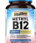 Vitalibre Vitamin B12 Sublingual 5000 mcg Methylcobalamin Bioactive Form High Absorption Vegan Nerve Energy Immune Mood Support Natural Peach Flavor Fast Dissolve Mini Tablets No Sugar