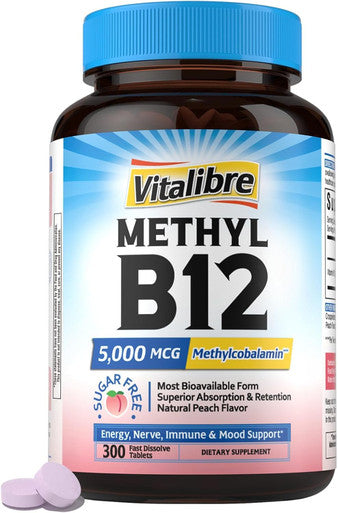 Vitalibre Vitamin B12 Sublingual 5000 mcg Methylcobalamin Bioactive Form High Absorption Vegan Nerve Energy Immune Mood Support Natural Peach Flavor Fast Dissolve Mini Tablets No Sugar