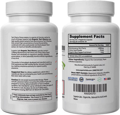 Superior Labs Organic Montmorency Tart Cherry 1000mg Extract 60 Veg Caps 2 Proanthocyanidins Celery Seed Black Pepper Extracts for Maximum Absorption Supports Balanced Uric Acid Levels