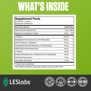 LES Labs Mood Boost Stress Relief Mood Support Deep Relaxation Improved Sleep 5HTP Ashwagandha Rhodiola Rosea Magnesium LTheanine GABA 60 Capsules