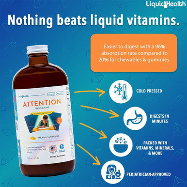 Liquidhealth Attention Liquid Multivitamin for Kids & Teens - Improves Memory Retention Concentration Focus Mood Relaxation & Calming - Great Taste Vegan Sugar- (16 oz)