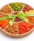NUT CRAVINGS - Purim Mishloach Manot Dried Fruit & Mixed Nuts Gift Basket in Reusable Wooden Tray + Ribbon (12 Assortments) Ramadan Gifts Food Arrangement, Healthy Snack Care Package, Kosher