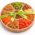 NUT CRAVINGS - Purim Mishloach Manot Dried Fruit & Mixed Nuts Gift Basket in Reusable Wooden Tray + Ribbon (12 Assortments) Ramadan Gifts Food Arrangement, Healthy Snack Care Package, Kosher