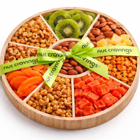 NUT CRAVINGS - Purim Mishloach Manot Dried Fruit & Mixed Nuts Gift Basket in Reusable Wooden Tray + Ribbon (12 Assortments) Ramadan Gifts Food Arrangement, Healthy Snack Care Package, Kosher