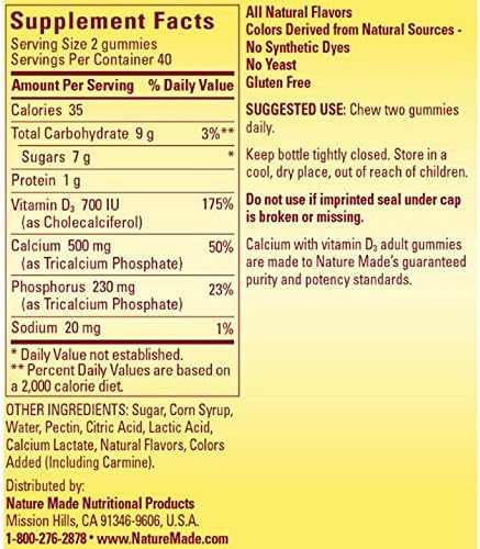 Nature Made Calcium Adult Gummies Cherry Orange and Strawberry 80 Ea (Pack Of 4)
