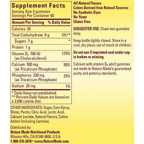 Nature Made Calcium Adult Gummies Cherry Orange & Strawberry 80 Ea (Pack Of 4)