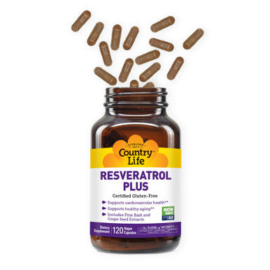 Country Life Resveratrol Plus Supports Cardiovascular Health 120 Vegan Capsules Certified Gluten Free Certified Vegan Non-Gmo Verified
