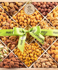 NUT CRAVINGS - Purim Mishloach Manot Mixed Nuts Gift Basket in Reusable Diamond Wooden Tray + Green Ribbon (12 Assortments) Ramadan Gifts Treats for Adults, Healthy Snack Care Package, Kosher