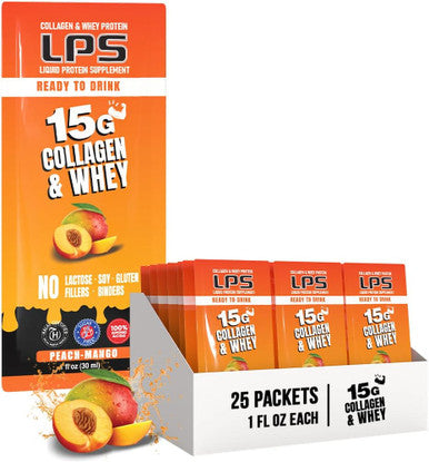 Nutritional Designs Lps Liquid Collagen & Whey Protein Supplement - Non-Gmo Drink, Sugar-- Promotes Healthy Skin & Hair For Men & Women, Peach Mango, Single Serve (25 Packets)