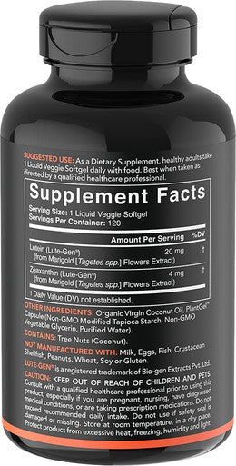 Vegan Lutein Zeaxanthin 20mg with Organic Coconut Oil for Better Absorption Supports Vision Eye Health The ONLY Vegan NonGMO Verified Lutein Available 120 Softgels