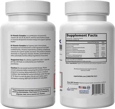 Superior Labs B Vitamin Complex Superior Absorption 100 NonGMO Safe from Additives Stearates Gluten and Other Allergens Regulate Digestive System and Support Metabolism 60 Vegetable Caps