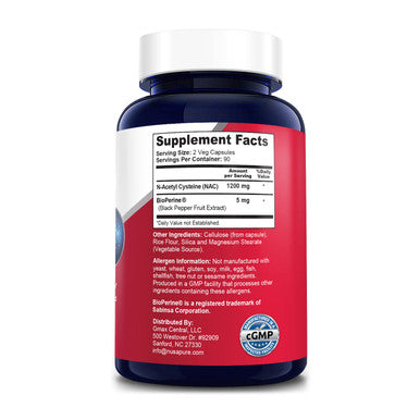 N-Acetyl Cysteine (NAC) 1200mg 180 Veggie Caps (Vegetarian, Non-GMO & ) with Bioperine