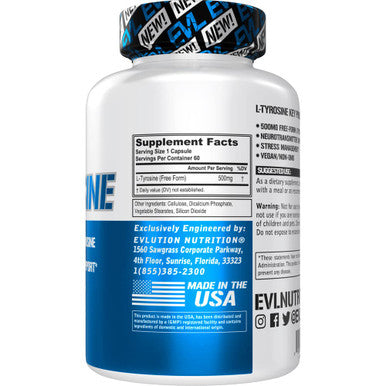 Evlution Free Form L Tyrosine 500mg Capsules Nutrition L-Tyrosine Supplement Amino for Energy Focus and Mood Support - Nootropic Brain Support Supplement for Cognitive Performance - 60 Servings
