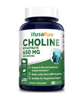 NusaPure Choline Bitartrate 650 mg.200 Veggie Capsules (Vegetarian, Non-GMO & Gluten-Free)