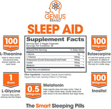 Genius Sleep AID Smart Sleeping Pills Adrenal Fatigue Supplement Relaxation Enhancer and Mood Support w/Inositol LTheanine Glycine 40 Capsules