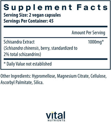 Vital Nutrients - Schisandra Extract - Liver Immune Energy and Endurance Support - 90 Vegetarian Capsules per Bottle - 1000 mg