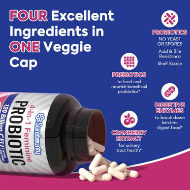 Surebounty 4-in-1 Feminine Probiotic 120 Billion CFU + 34 Strains Highest Potency for Women Prebiotics + Digestive Enzymes + Cranberry Digestive Vaginal Mood Immune & Overall Support 30 caps