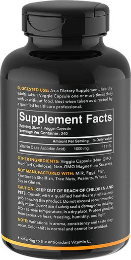 Vitamin C 1000mg 240 VeggieCapsules NonGMO Project Verified Vitamin C Supplement for Immune Support Antioxidant Protection