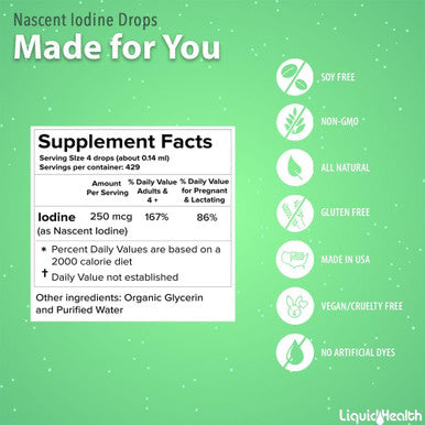Liquidhealth Nascent Iodine Organic Liquid Liquid Iodine Drops Pure Iodine Supplement Thyroid Support & Immune Support Energy Supplement USDA Organic Vegan Colorless Tasteless Tincture