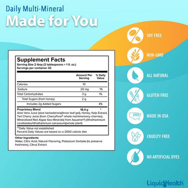Liquidhealth Daily Multi Mineral Liquid Supplement with Fulvic Acid Plant Based Ionic Aquamin Sea Trace Ocean Minerals - Immune Support Energy Gut Health Detox - Vegetarian Sugar- (32 oz)