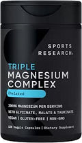 Sports Researcha' Chelated Triple Magnesium Complex With Glycinate Taurinate and Malate (Chelamaxa') For Enhanced Bioavailability 300 Mg Per Serving NonGmo Vegan 120 Veggie Capsules