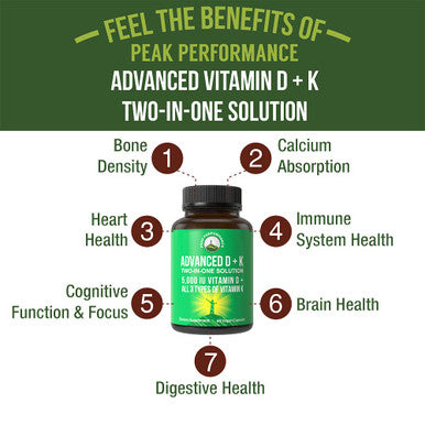 Peak Performance Advanced Vitamin D 5000 Iu With All 3 Types Of Vitamin K Vitamin D3 And Vitamin K2, K1, Mk-7 (Mk7), Mk4 Suppleme