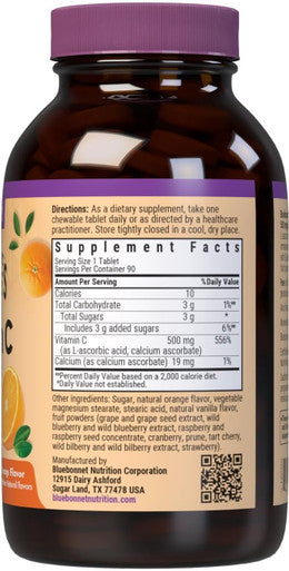 Bluebonnet Nutrition EarthSweet Vitamin C 500 mg Powerful Antioxidant Protection and Immune Health Support Supplement Maximum Absorption Gluten-Free Vegan Orange Flavor 90 Chewable Tablets