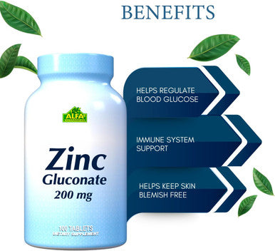 Zinc Gluconate 200 Mg By Alfa Vitamins - Boost Immune System - Promote Healthy Skin - 100 Tablets